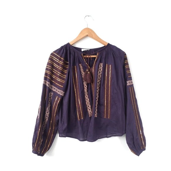 LOVE SHACK FANCY Top Women XS Western‎ Peasant Blouse Sequin Tussled Boho NEW - Picture 1 of 9
